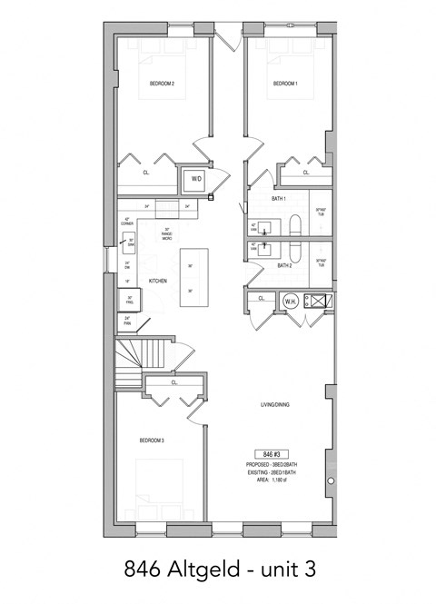 Floor plan for 3 beds, 2 baths, 1180 sqft